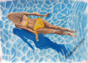 375x269 Swimming Girl In Pool, Original Pastel Drawing Drawing - Swimming Drawing Pictures