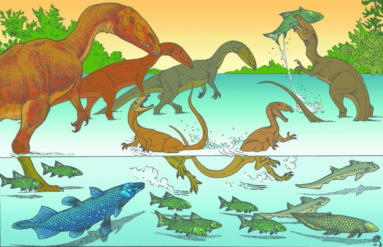 770x496 Theropod Dinosaur Swimming And Fishing In Lake Dixie Drawing - Swimming Drawing Pictures