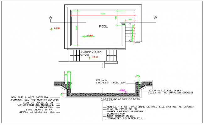 650x400 Swimming Pool Plan Section Elevation View Detail Dwg - Swimming Pool Drawing