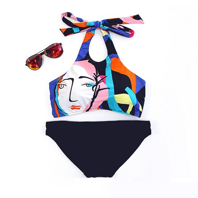 640x640 high neck bikini women swimwear printed face paiting bandage - Swimsuit Drawing