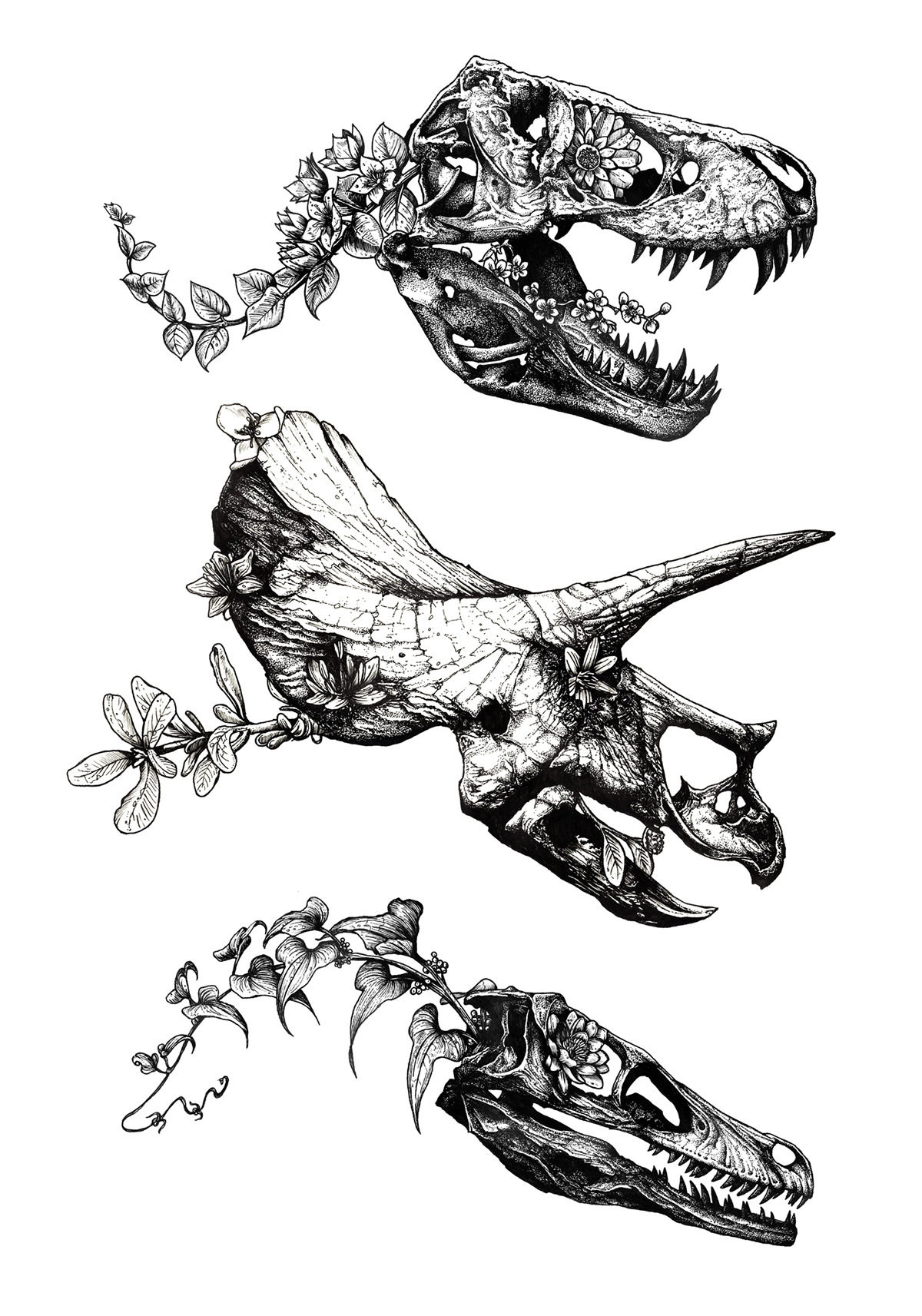 1200x1713 drawing illustration hipster dinosaur flowers skull bones goth - T Rex Skull Drawing