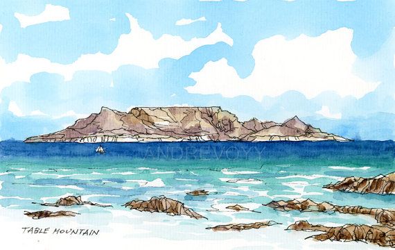 570x360 Table Mountain South Africa Art Print From An Original Watercolor - Table Mountain Drawing
