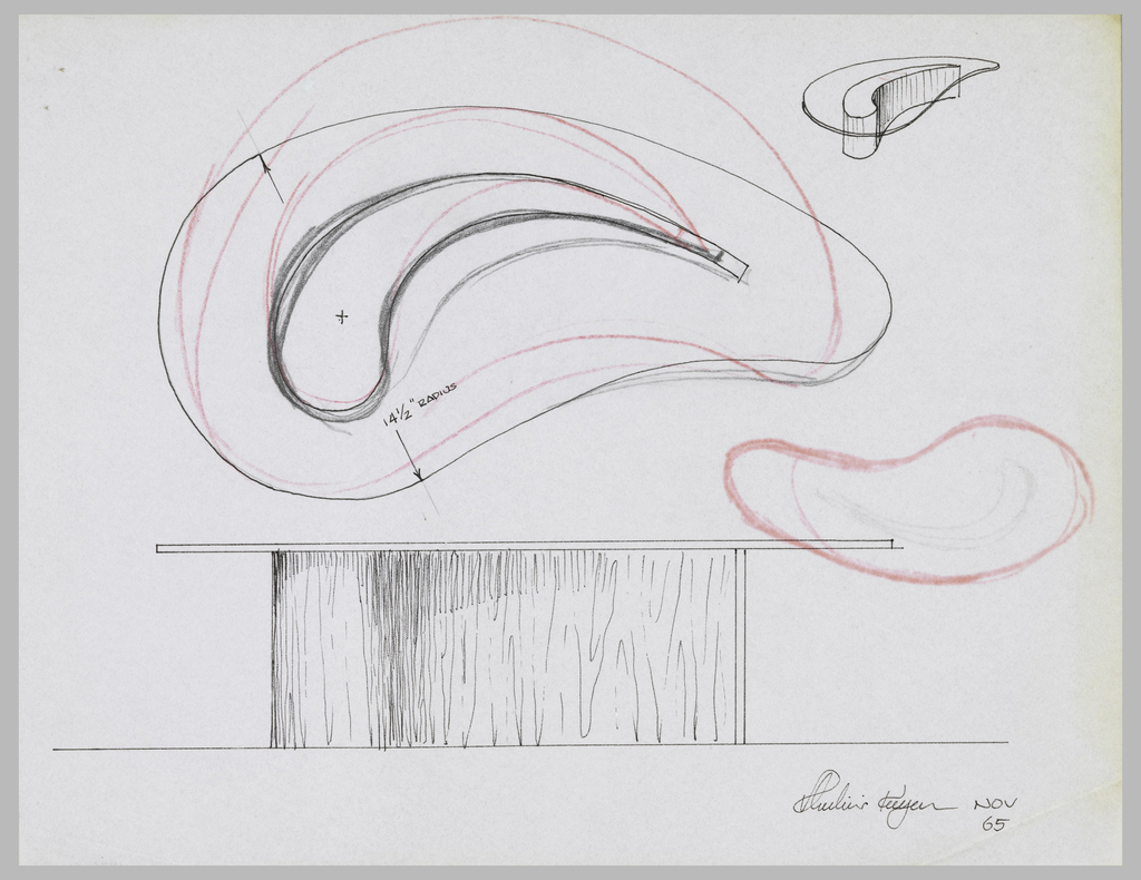 1024x790 Drawing, Study For Kidney Shaped Table Plan, Elevation - Table Perspective Drawing