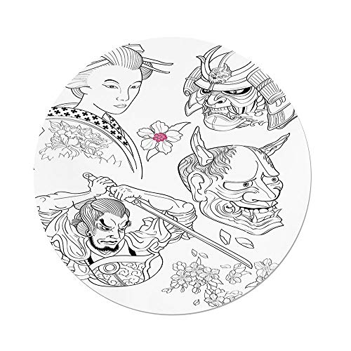 500x500 polyester round tablecloth,kabuki mask decoration,samurai warrior - Tablecloth Drawing