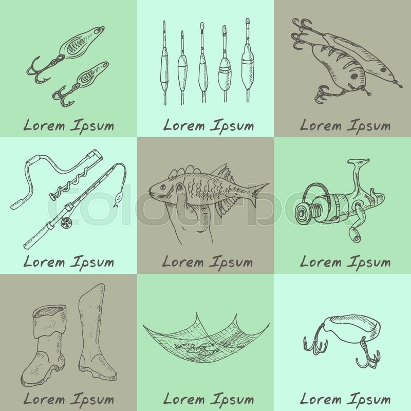 800x800 fishing tackle tools sketches stock vector colourbox - Tackle Drawing