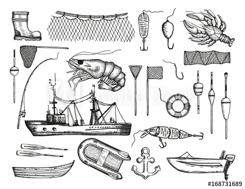 500x385 set of fishing tackle and boat vector hand drawing illustration - Tackle Drawing