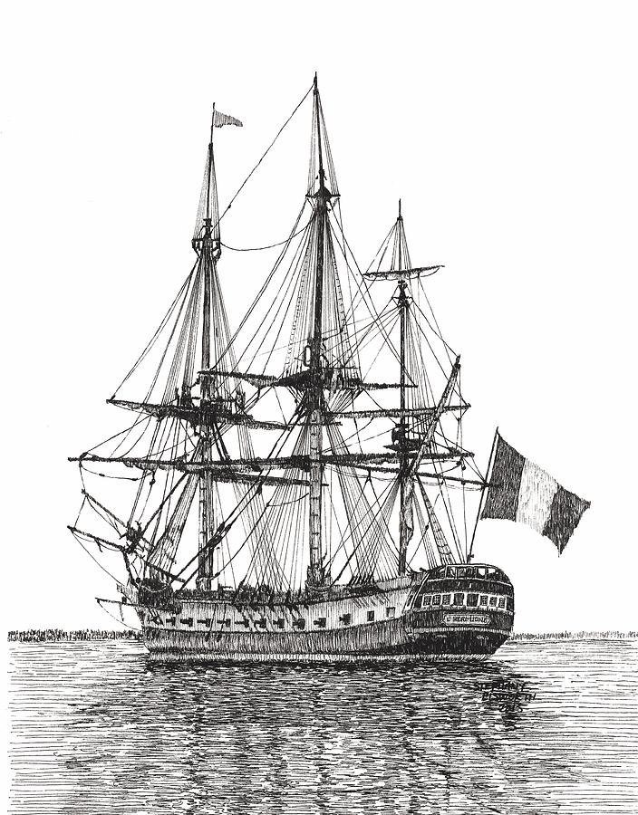 704x900 tall ship l'hermione on the york river drawing - Tall Ship Drawing