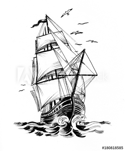413x500 tall sailing ship in the sea ink black and white drawing - Tall Ship Drawing