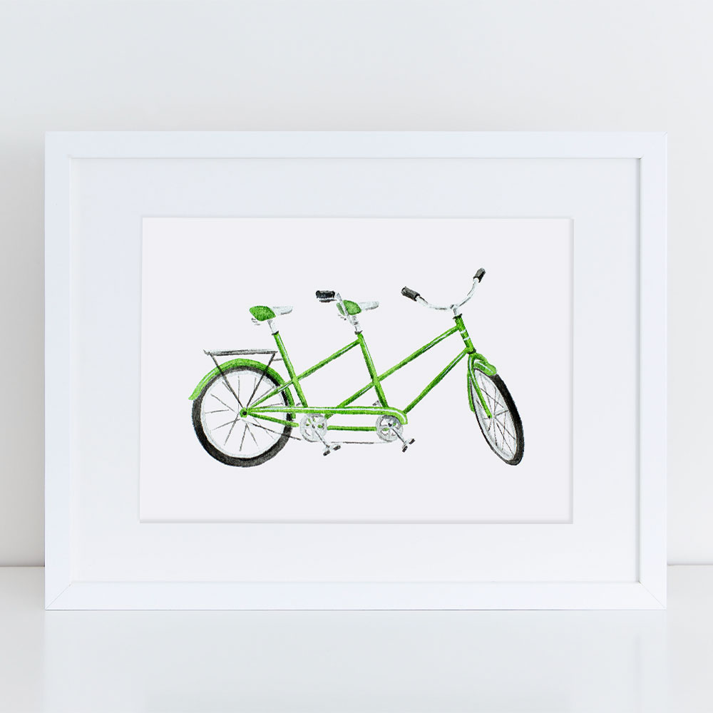 1000x1000 green tandem bicycle fine art print pip kate - Tandem Bicycle Drawing