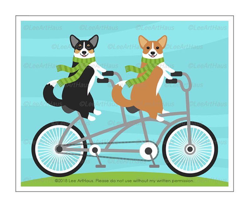 794x662 bicycle art prints two corgi dogs on tandem bicycle etsy - Tandem Bike Drawing