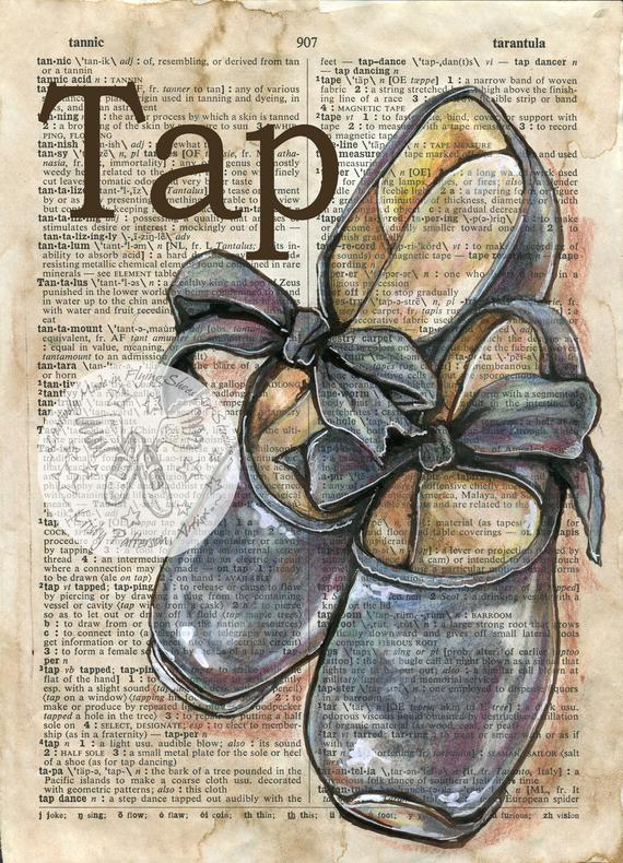 570x790 print tap shoes mixed media drawing on antique dictionary etsy - Tap Shoes Drawing