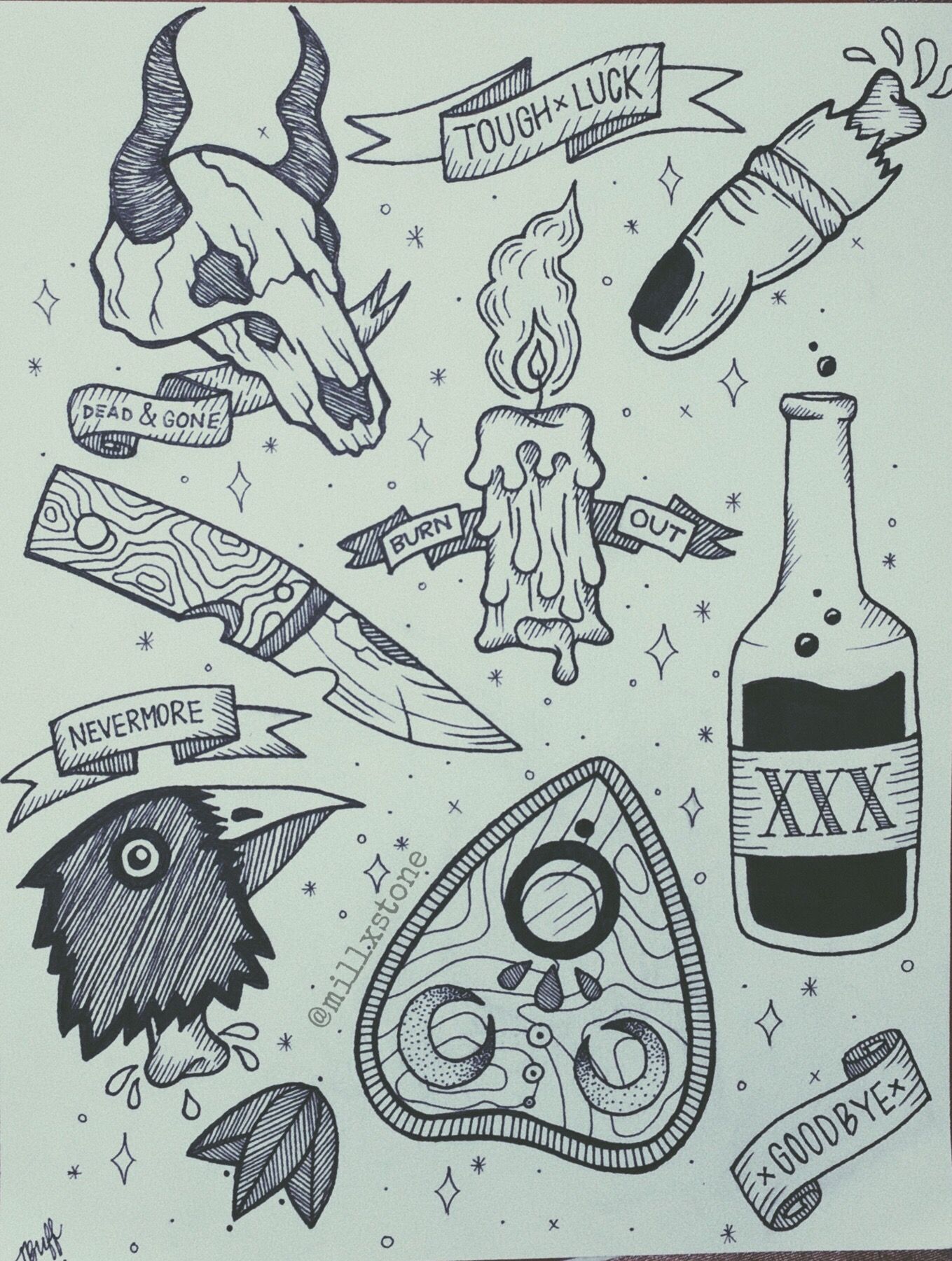 1359x1801 flash sheet tattoo traditional spooky line work for work art - Tattoo Flash Drawings