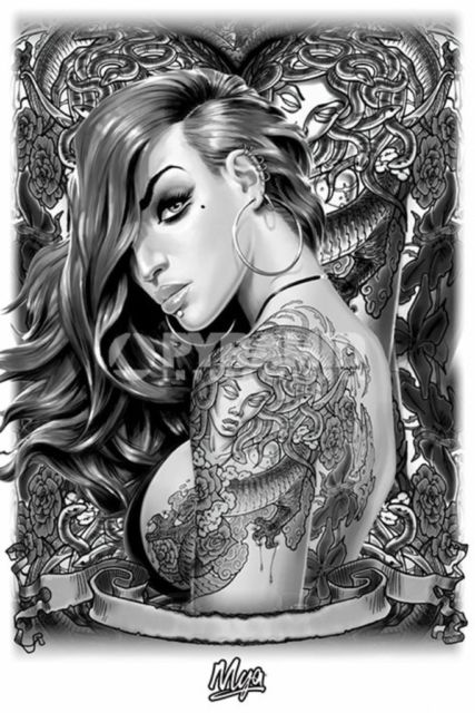 427x640 mya tattoo girl pin up drawing piercings long hair snakes poster - Tattoo Girl Drawing