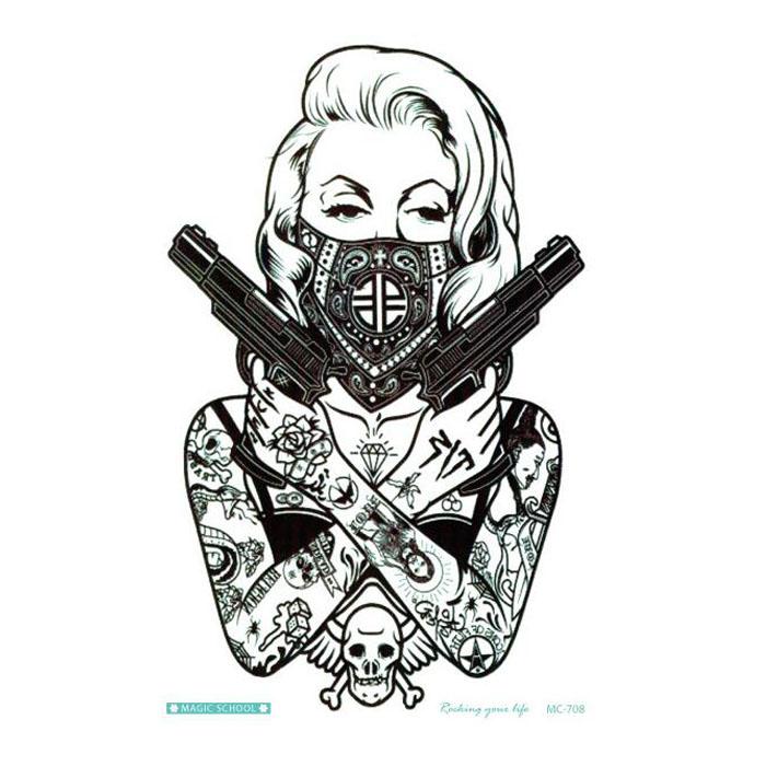 700x700 new design cool tattoo girl with guns waterproof temporary - Tattoo Girl Drawing