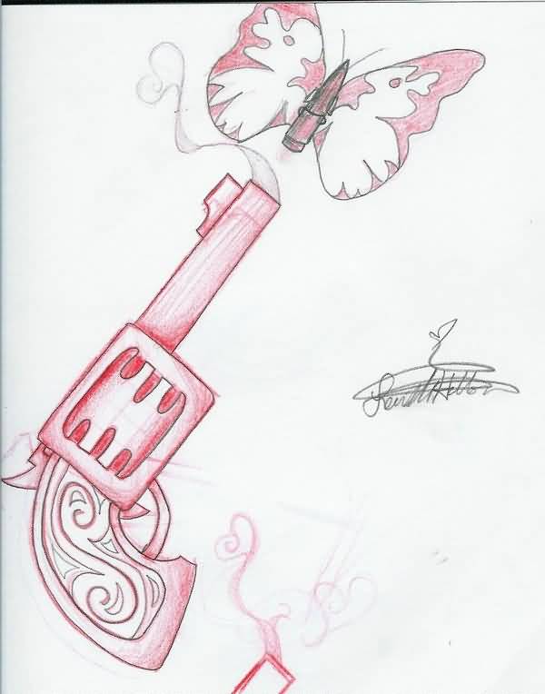 600x764 gun tattoo gun n butterfly drawing - Tattoo Gun Drawing