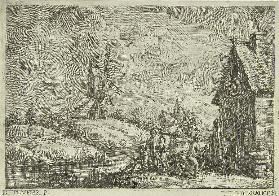 900x633 landscape with tavern and a mill, jan lauwryn krafft drawing - Tavern Drawing