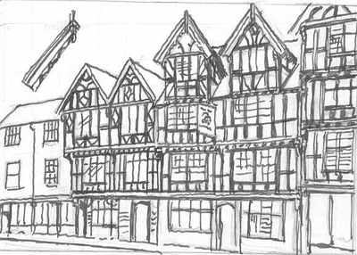 400x286 Ludlow, Bull Ring Tavern, Shropshire, Pencil Drawing - Tavern Drawing