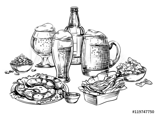 500x371 composition of different glass mugs, bottle, cup, jar, pot, cans - Tavern Drawing