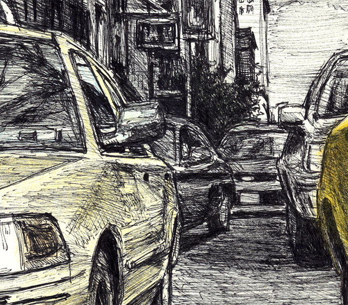 685x600 new york street scene with new york taxi cab - Taxi Cab Drawing