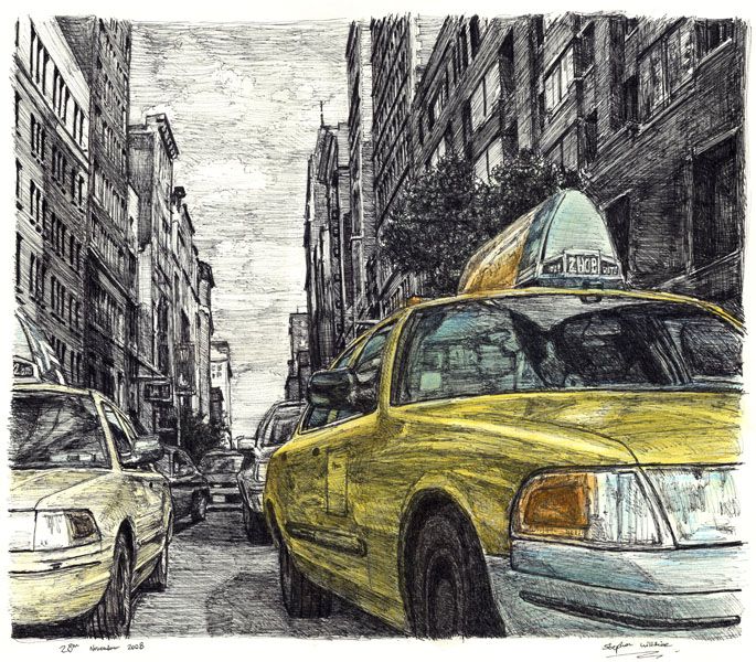 685x600 new york street scene with new york taxi cab - Taxi Cab Drawing