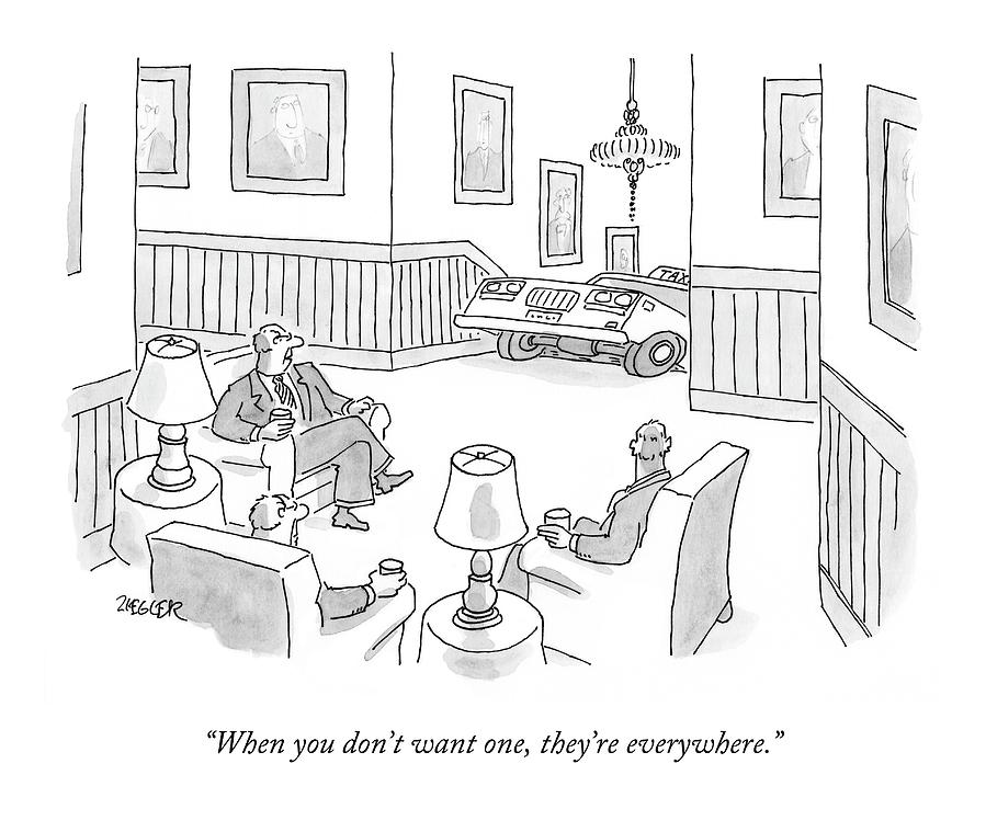 899x759 taxi cab drives into room as three men watch drawing - Taxi Cab Drawing