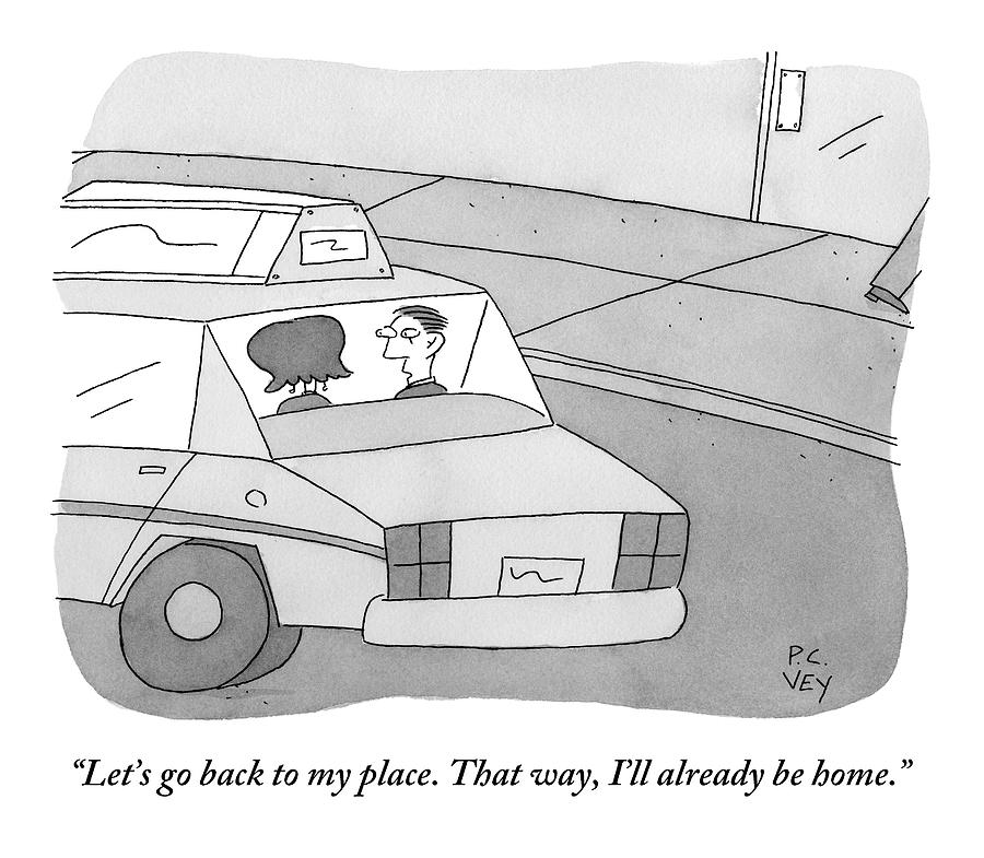 900x785 a man and a woman talk in the back of a taxi drawing - Taxi Drawing