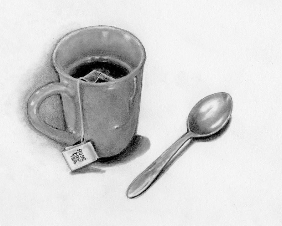 900x722 cup of tea with spoon, pencil drawing drawing - Tea Drawing