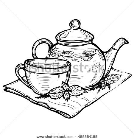 450x470 Hand Drawn Vector Sketch Of Healthy Green Tea Cup With Tea Leaves - Tea Set Drawing