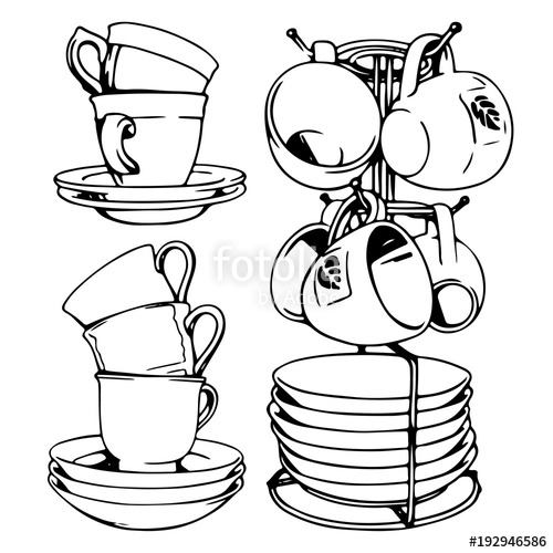 500x500 A Set Of Outline Drawings Of Coffee And Tea Cups, Design Elements - Tea Set Drawing
