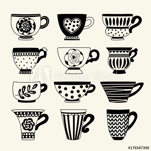 500x500 Set With Tea Cups Freehand Drawing Can Be Used For Scrapbook - Tea Set Drawing