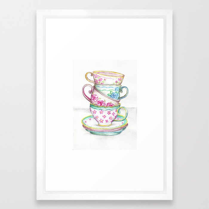 700x700 Tea Cup Art Kitchen Watercolor Painting Drawing Framed Art Print - Tea Set Drawing