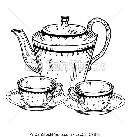 450x470 Tea Set Utensil Engraving Vector Illustration Scratch Board Style - Tea Set Drawing