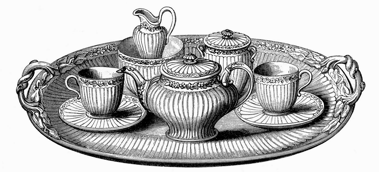 1600x727 Artzeeccc Black And White Ink Drawing Vintage Tea Set - Tea Set Drawing
