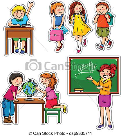 417x470 Drawing School For Kids School Kids Set Of Children And Teacher - Teacher Drawing For Kids