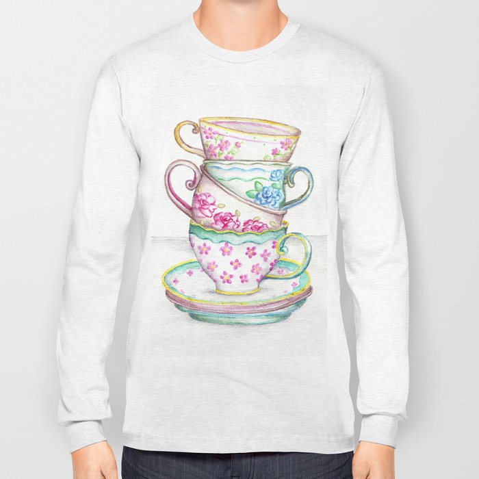700x700 Tea Cup Art Kitchen Watercolor Painting Drawing Long Sleeve T - Teacup Drawing