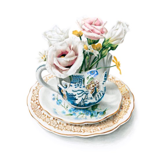 570x570 teacup drawing floral art print flowers wall art print etsy - Teacup Drawing