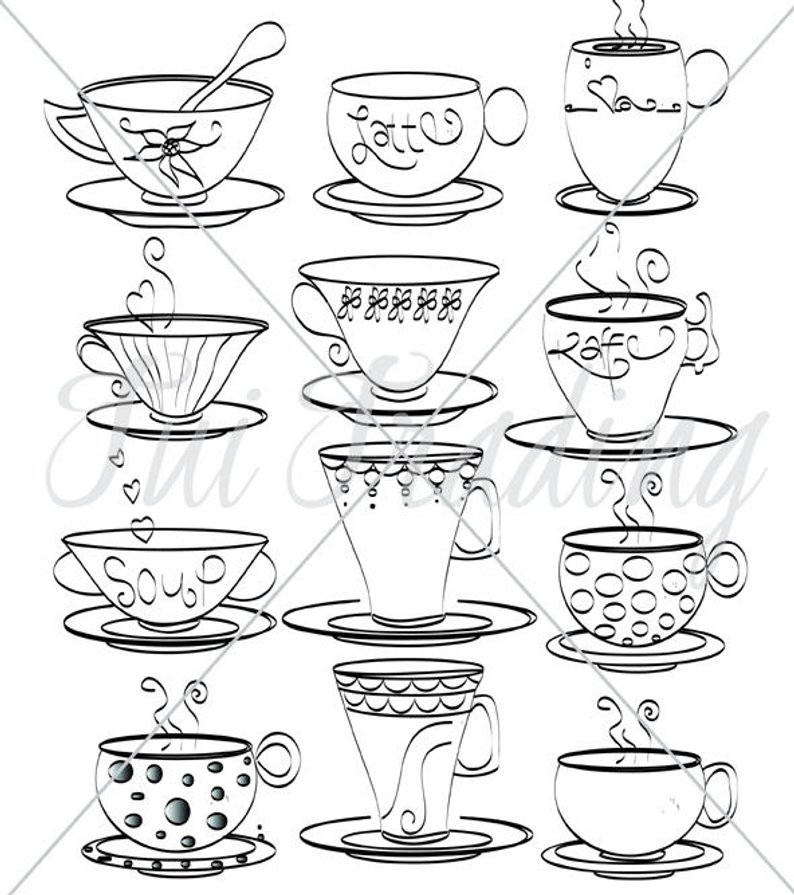 794x895 Vector Teacups Tea Cup Outlines Digital Drawings Tea Art Etsy - Teacup Drawing
