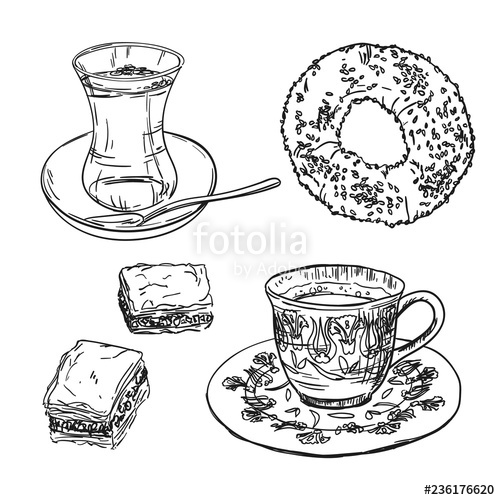500x500 Drawing National Turkish Food With Coffee, Tea Cup, Simit - Teacup Drawing