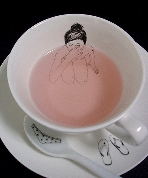 480x577 Drawing Illustration Girl Water Pink Tea Cup Swimming Teacup - Teacup Drawing Tumblr