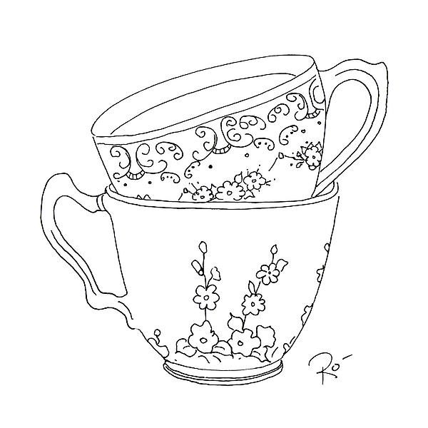 600x600 Teacup Sweethearts Greeting Card For Sale - Teacup Line Drawing