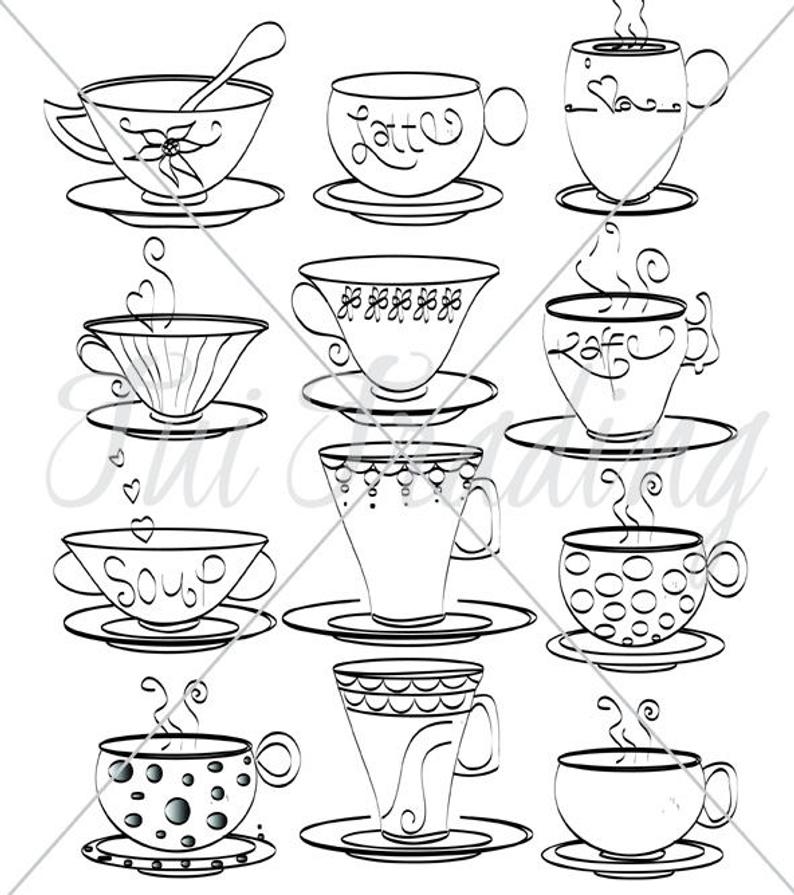 794x895 Vector Teacups Tea Cup Outlines Digital Drawings Tea Art Etsy - Teacup Line Drawing
