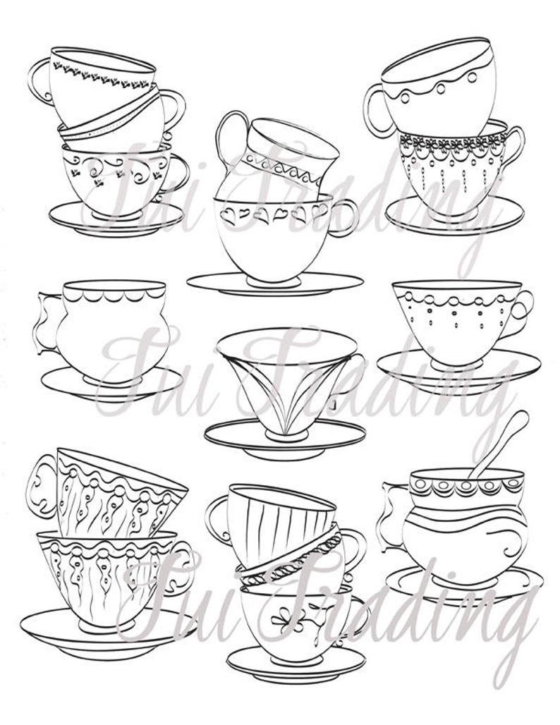 794x1028 Clipart Of Stacked Tea Cups Saucers Digital Images For Etsy - Teacup Line Drawing