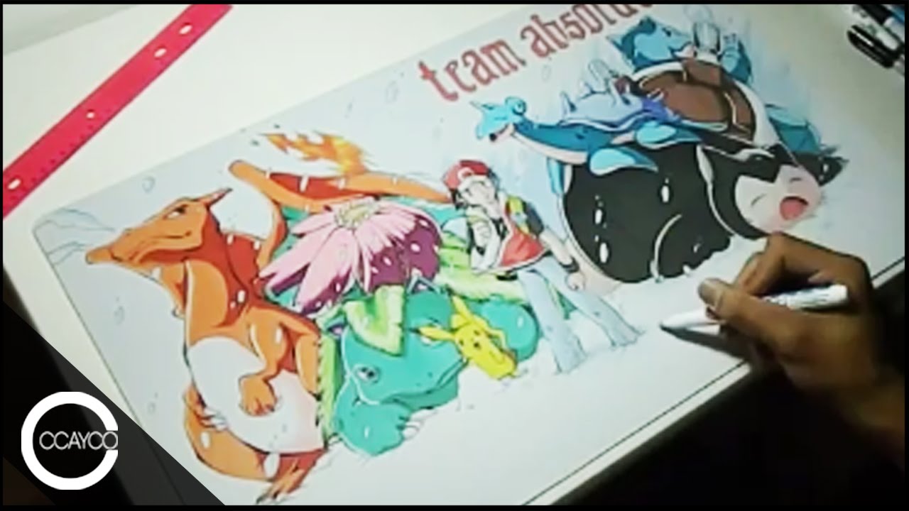 1280x720 drawing pokemon trainer red's team playmat - Team Drawing