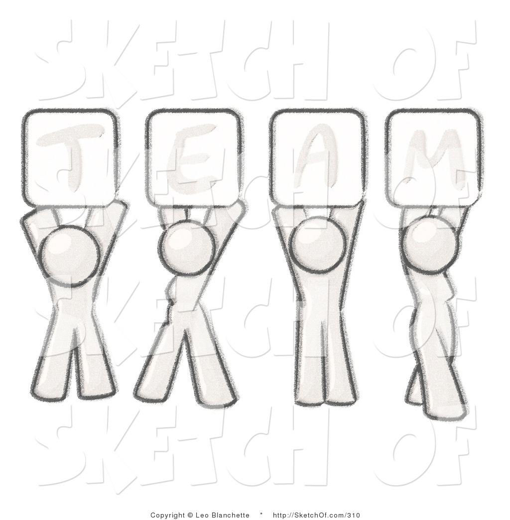 1024x1044 drawing of a sketched design mascot group holding up team signs - Team Drawing