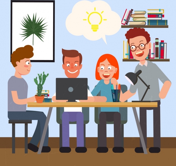 600x566 teamwork drawing staffs lightbulb icons colored cartoon design - Teamwork Drawing