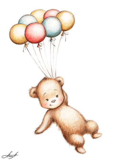 500x700 drawing of teddy bear flying with balloons greeting card for sale - Teddy Bear Drawing