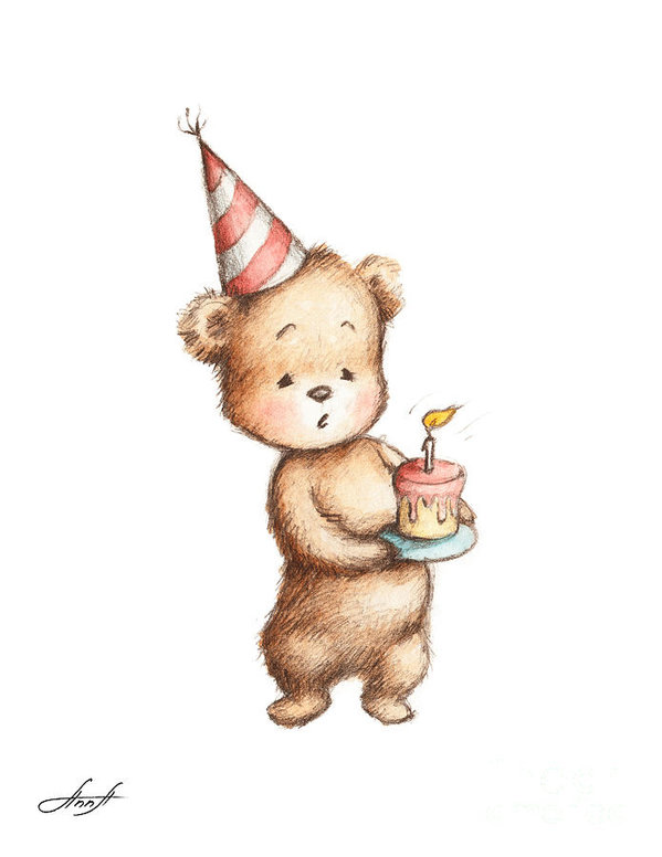 599x776 Drawing Of Teddy Bear With Birthday Cake Poster - Teddy Bear Drawing