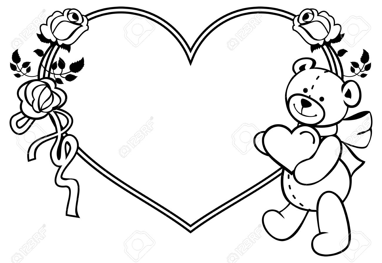 1300x898 Challenge Outline Of A Teddy Bear Heart Shaped Frame With Roses - Teddy Bear Drawing With Heart