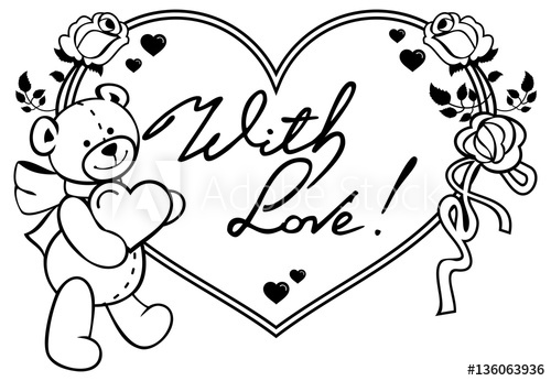 500x346 Heart Shaped Frame With Outline Roses, Teddy Bear Holding Heart - Teddy Bear Holding A Heart Drawing