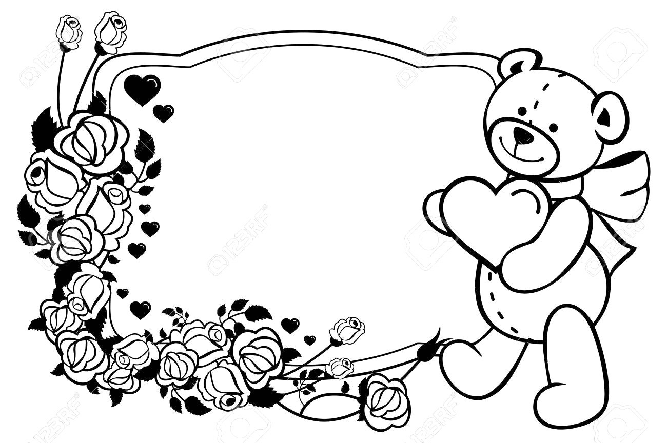 1300x864 oval label with outline roses and cute teddy bear holding - Teddy Bear Holding A Heart Drawing